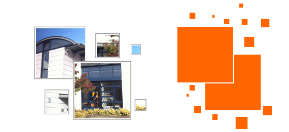 Grafik aus verschiedenen Quadraten und Fotoausschnitte des Bürogebäudes